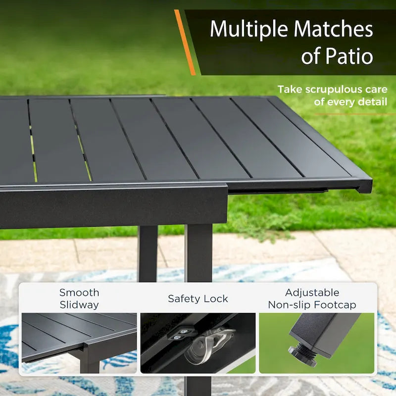 Ensemble de salle à manger d'extérieur 7 pièces pour patio, 6 chaises à mouvement de ressort, 1 table rectangulaire extensible