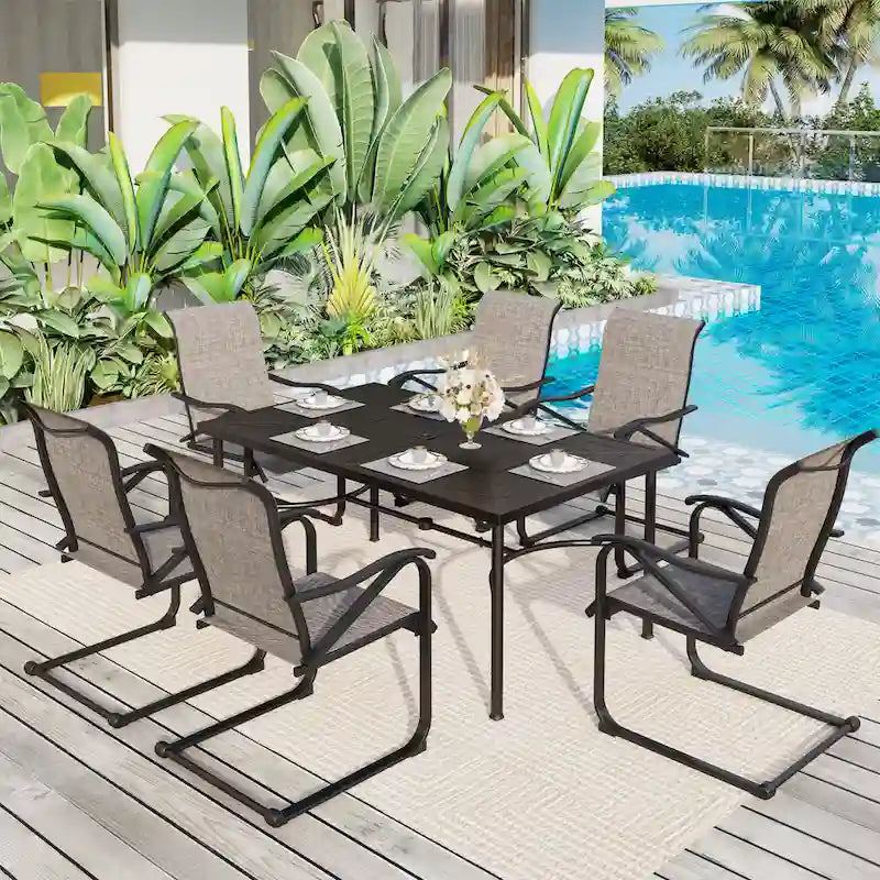 Ensemble de salle à manger d'extérieur 7 pièces pour patio, 6 chaises à mouvement de ressort, 1 table rectangulaire extensible