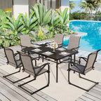 Ensemble de salle à manger d'extérieur 7 pièces pour patio, 6 chaises à mouvement de ressort, 1 table rectangulaire extensible