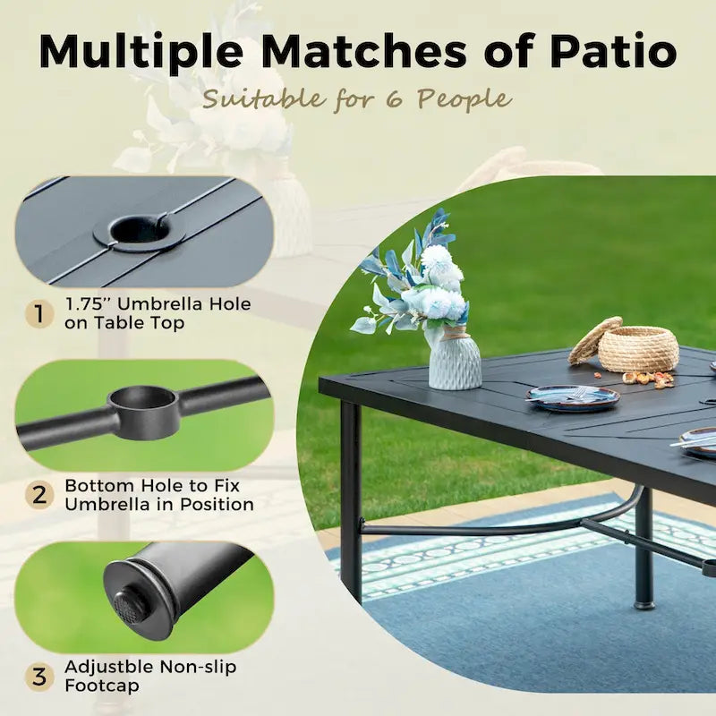 Ensemble de salle à manger d'extérieur 7 pièces pour patio, 6 chaises à mouvement de ressort, 1 table rectangulaire extensible
