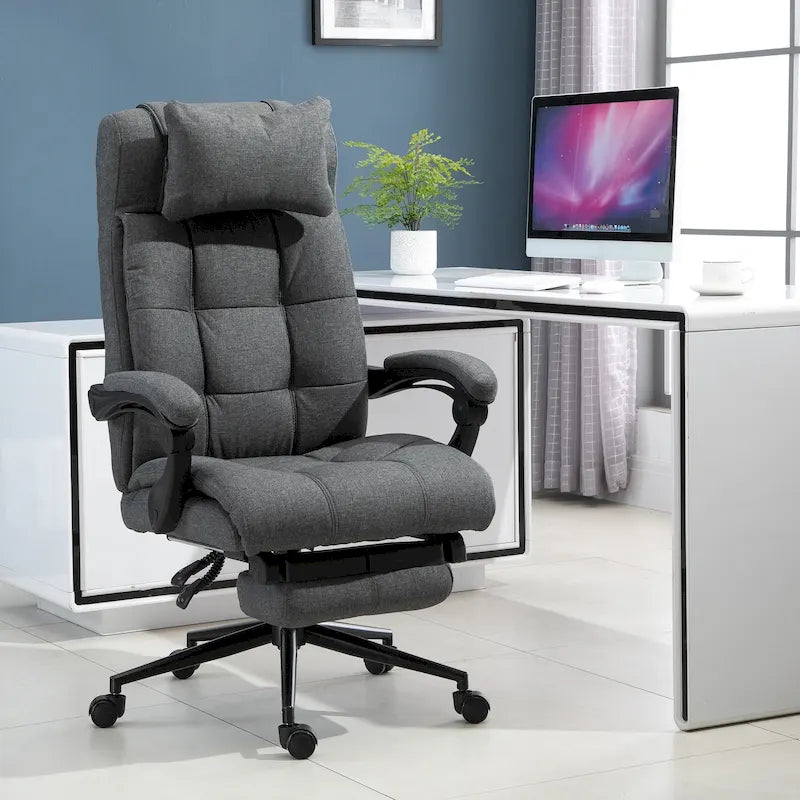 Fauteuil de bureau exécutif en tissu de lin avec repose-pieds rétractable, appui-tête et support lombaire