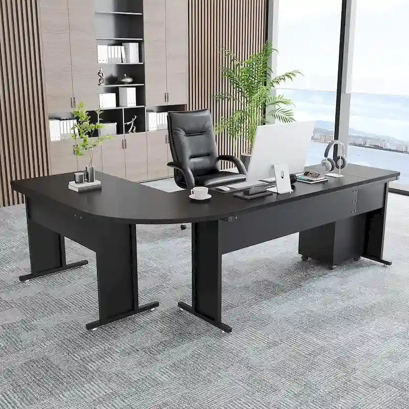 Bureau de direction en L de 83 pouces, grand bureau en L avec caisson mobile à 3 tiroirs, poste de travail de mobilier de bureau professionnel
