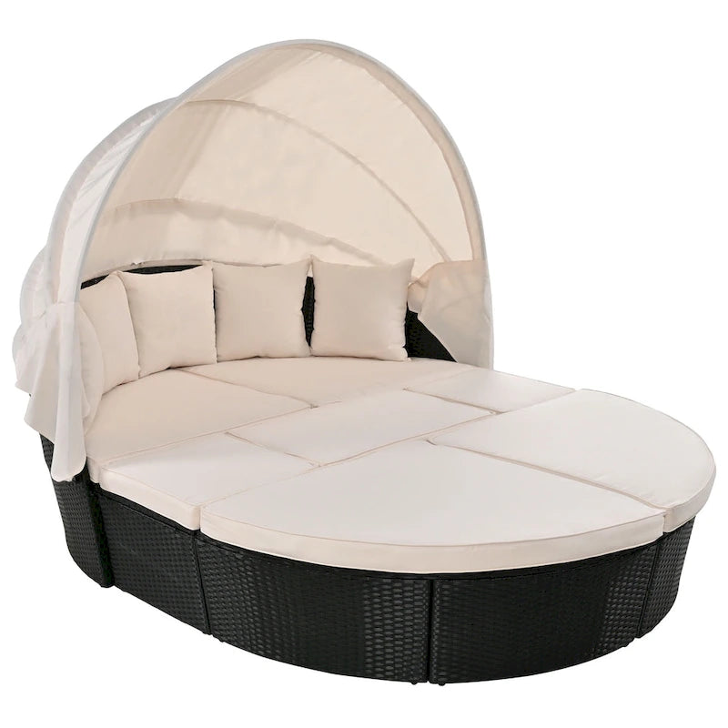 Lit de repos en rotin d'extérieur avec auvent rétractable, mobilier en osier avec coussins lavables