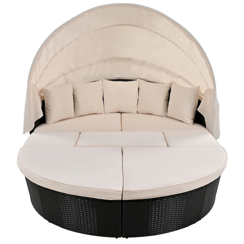 Lit de repos en rotin d'extérieur avec auvent rétractable, mobilier en osier avec coussins lavables