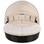 Lit de repos en rotin d'extérieur avec auvent rétractable, mobilier en osier avec coussins lavables