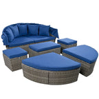 Lit de repos en rotin d'extérieur avec auvent rétractable, mobilier en osier avec coussins lavables