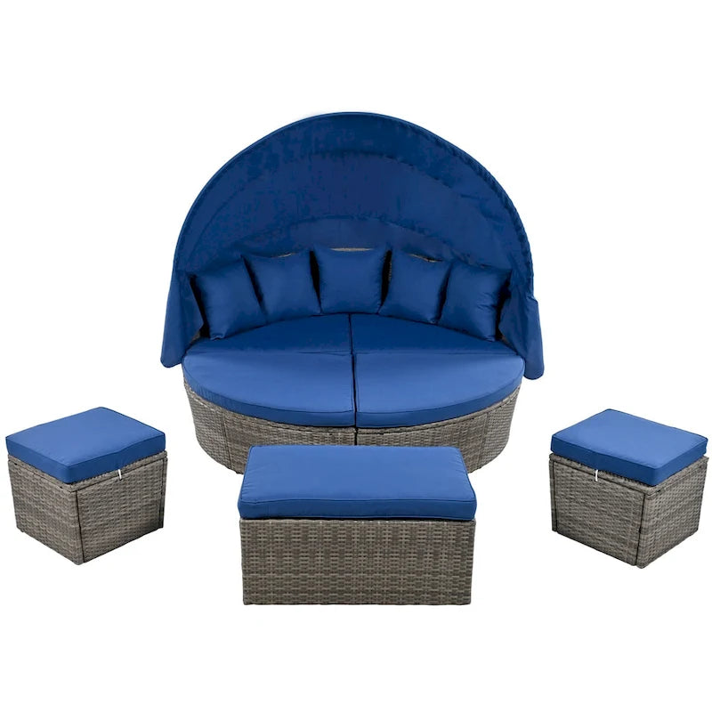 Lit de repos en rotin d'extérieur avec auvent rétractable, mobilier en osier avec coussins lavables