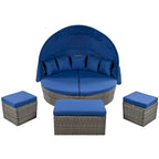 Lit de repos en rotin d'extérieur avec auvent rétractable, mobilier en osier avec coussins lavables