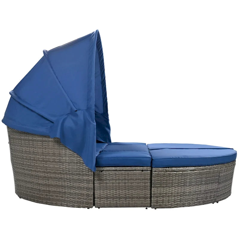 Lit de repos en rotin d'extérieur avec auvent rétractable, mobilier en osier avec coussins lavables
