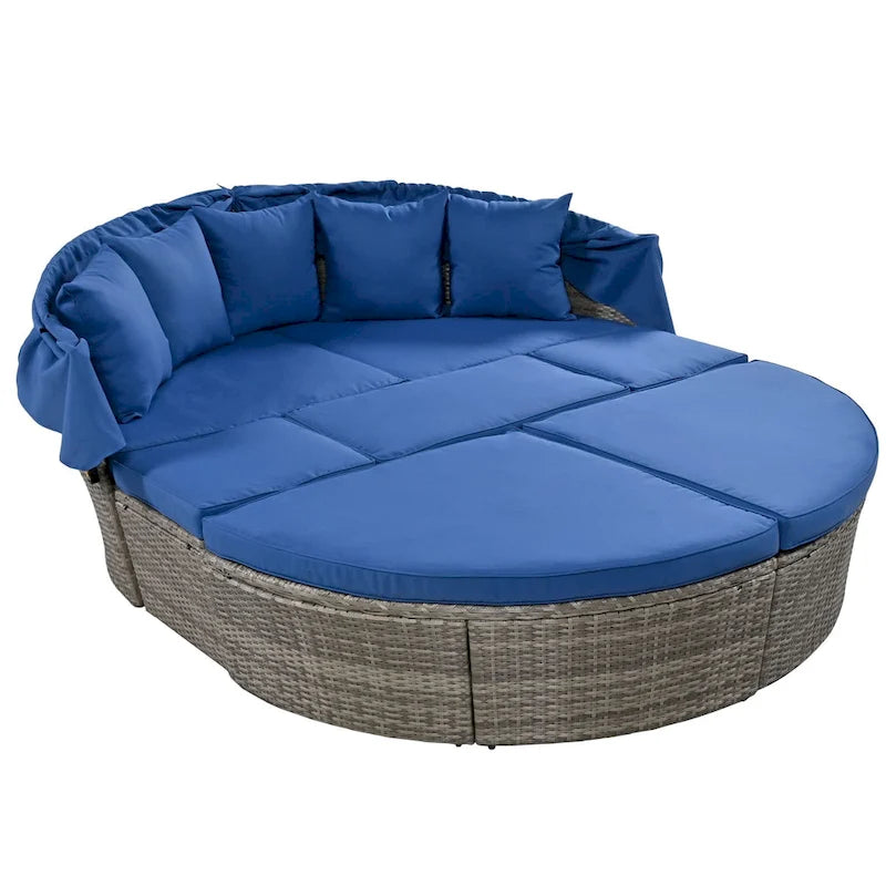 Lit de repos en rotin d'extérieur avec auvent rétractable, mobilier en osier avec coussins lavables