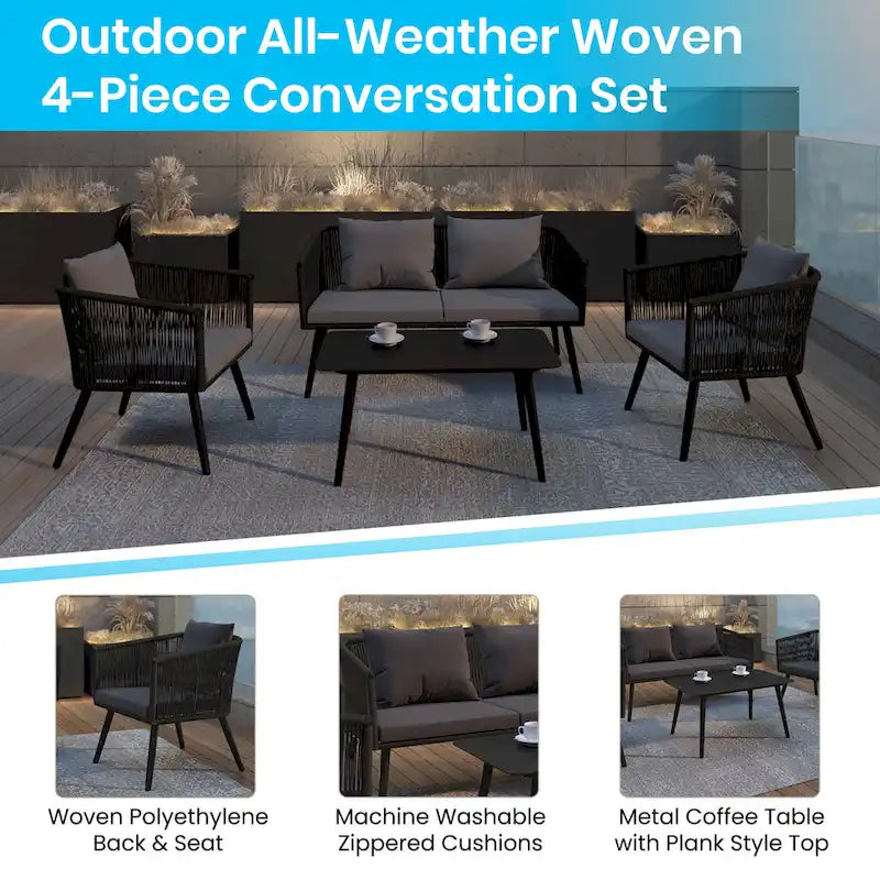 Ensemble de salon 4 pièces intérieur/extérieur – Canapé deux places, 2 chaises et table basse en métal