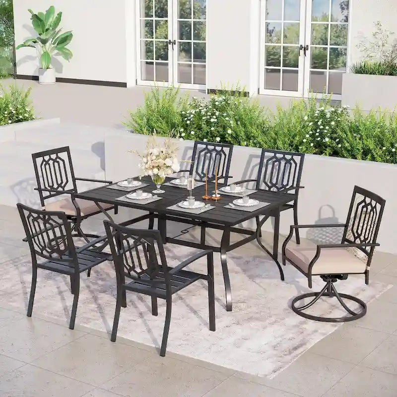 MAISON ARTS Ensemble repas d'extérieur 7 pièces Chaises de salle à manger combinées en acier avec coussin et table de parasol pour 6 personnes