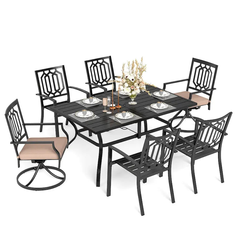 MAISON ARTS Ensemble repas d'extérieur 7 pièces Chaises de salle à manger combinées en acier avec coussin et table de parasol pour 6 personnes