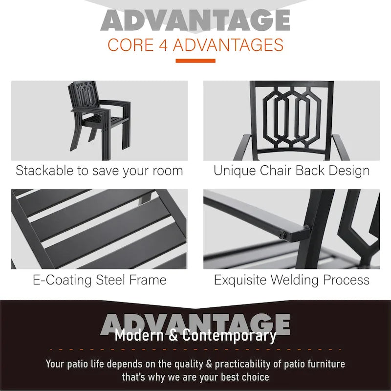 MAISON ARTS Ensemble repas d'extérieur 7 pièces Chaises de salle à manger combinées en acier avec coussin et table de parasol pour 6 personnes