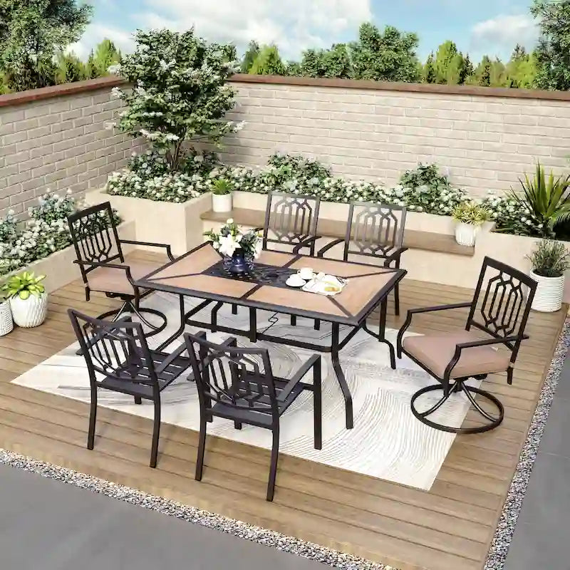 MAISON ARTS Ensemble de salle à manger de jardin 7 pièces, grande table rectangulaire aspect bois avec 4 chaises en métal et 2 chaises pivotantes
