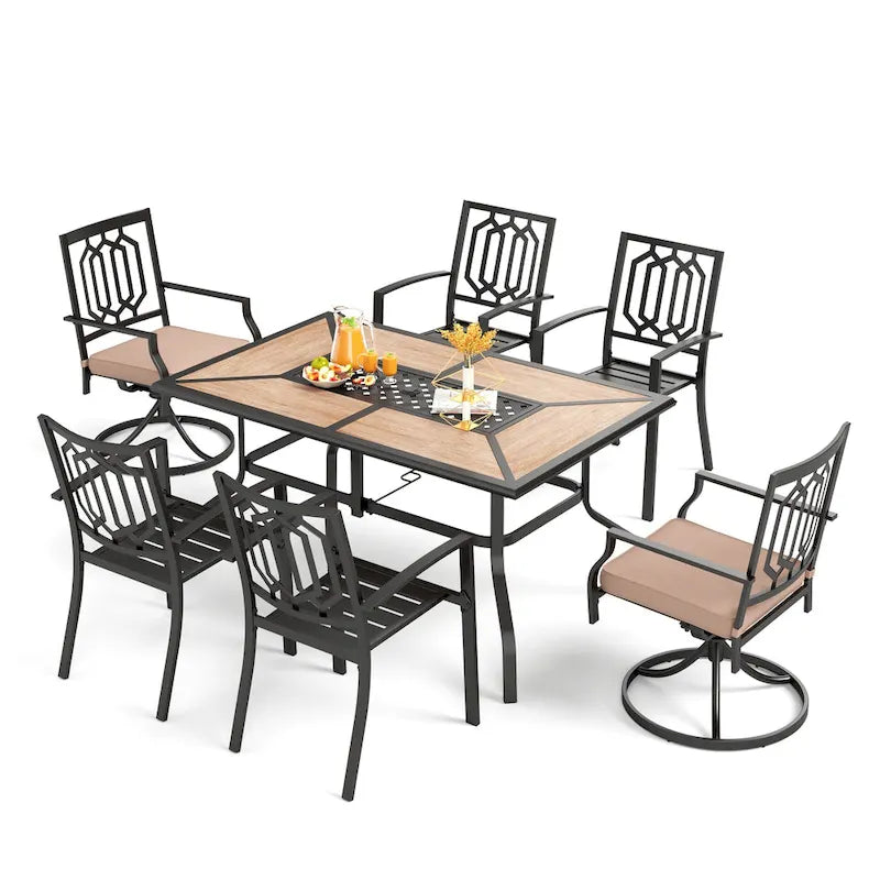 MAISON ARTS Ensemble de salle à manger de jardin 7 pièces, grande table rectangulaire aspect bois avec 4 chaises en métal et 2 chaises pivotantes