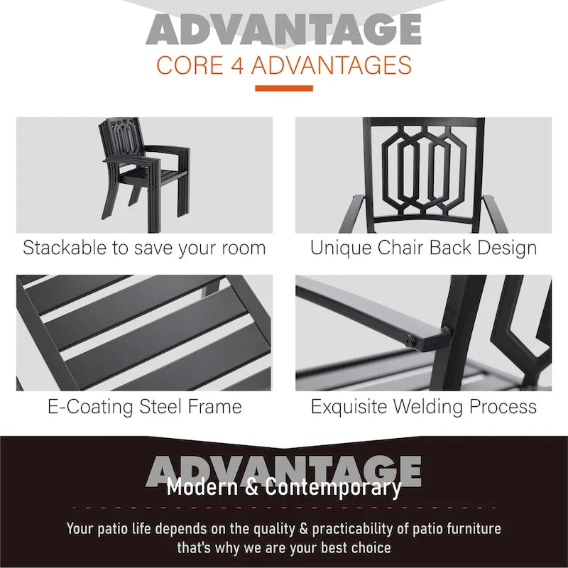 MAISON ARTS Ensemble de salle à manger de jardin 7 pièces, grande table rectangulaire aspect bois avec 4 chaises en métal et 2 chaises pivotantes