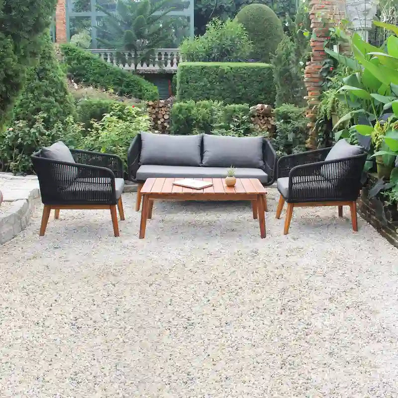M4H Mieres Ensemble de conversation d'extérieur 4 pièces en bois d'acacia et corde