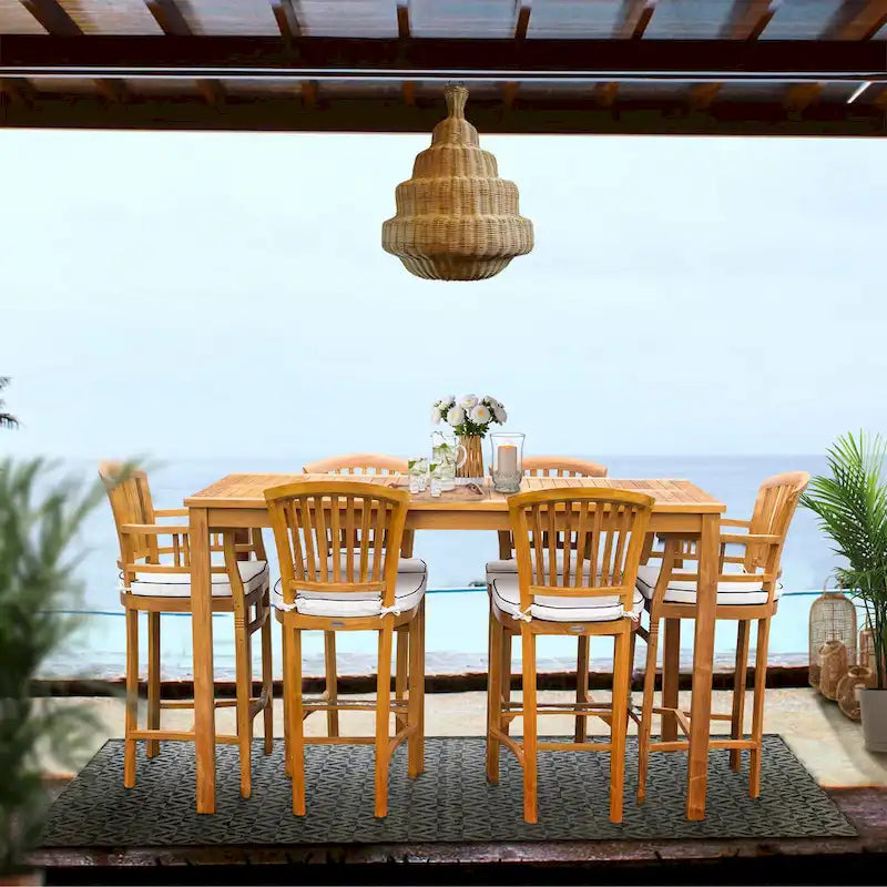 Ensemble de bistrot de bar de patio Chic Teak 7 pièces en bois de teck Orléans, table de bar de 63 po, 2 chaises de bar avec accoudoirs et 4 chaises de bar sans accoudoirs
