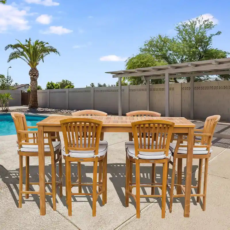 Ensemble de bistrot de bar de patio Chic Teak 7 pièces en bois de teck Orléans, table de bar de 63 po, 2 chaises de bar avec accoudoirs et 4 chaises de bar sans accoudoirs