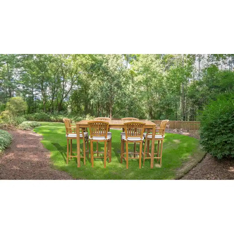 Ensemble de bistrot de bar de patio Chic Teak 7 pièces en bois de teck Orléans, table de bar de 63 po, 2 chaises de bar avec accoudoirs et 4 chaises de bar sans accoudoirs