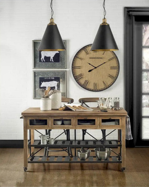  Solid Wood Top Two-Tier Black Metal Rolling Kitchen Island - 28.0L x 60.0W x 34.0H