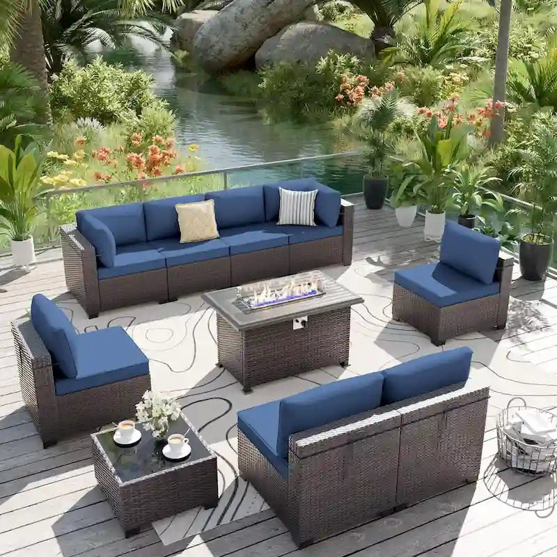 Delnavik 9-Pcs Wicker Patio Furniture Set with Firepit,Outdoor Seatings with Cushions - 9 pieces
