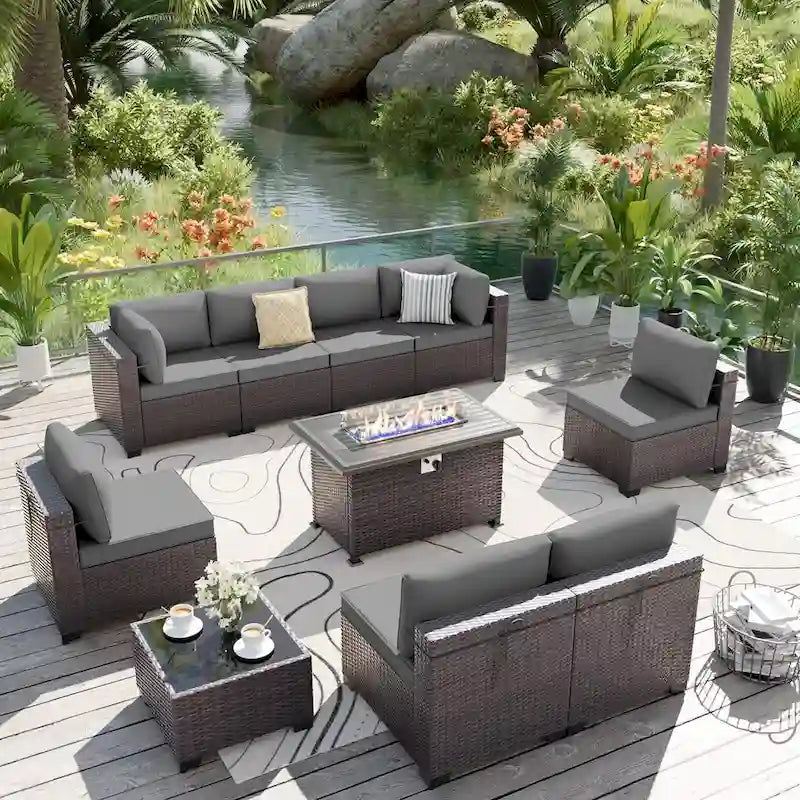 Ensemble de mobilier de jardin en osier Delnavik 9 pièces avec foyer, sièges d'extérieur avec coussins - 9 pièces
