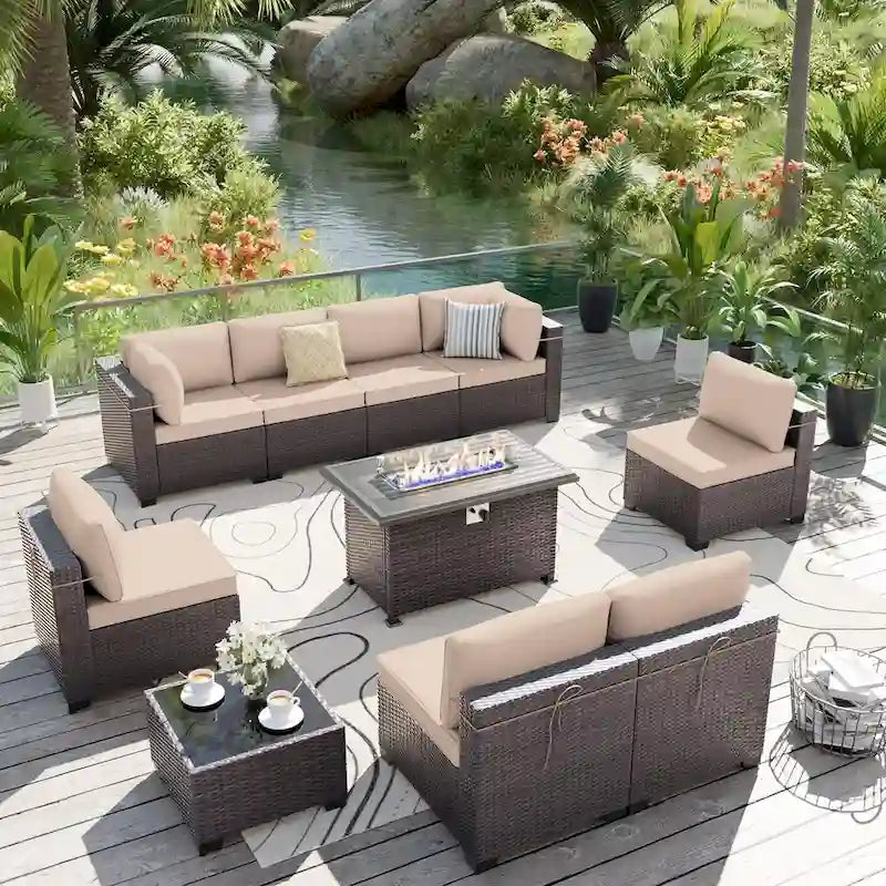 Ensemble de mobilier de jardin en osier Delnavik 9 pièces avec foyer, sièges d'extérieur avec coussins - 9 pièces