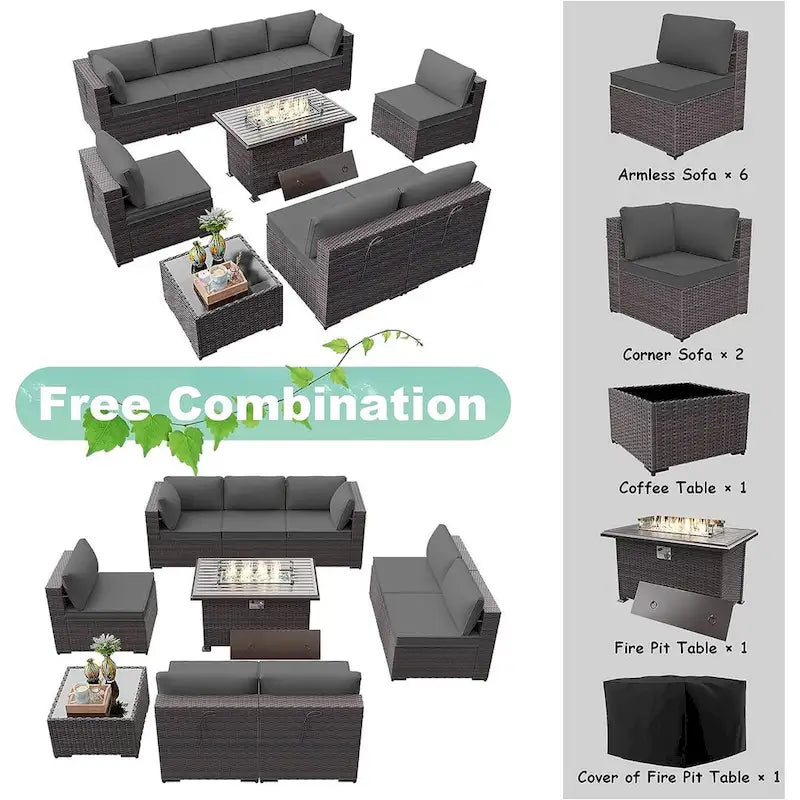 Ensemble de mobilier de jardin en osier Delnavik 9 pièces avec foyer, sièges d'extérieur avec coussins - 9 pièces