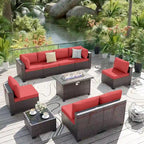 Ensemble de mobilier de jardin en osier Delnavik 9 pièces avec foyer, sièges d'extérieur avec coussins - 9 pièces