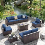 Ensemble de mobilier de jardin en osier Delnavik 9 pièces avec foyer, sièges d'extérieur avec coussins - 9 pièces