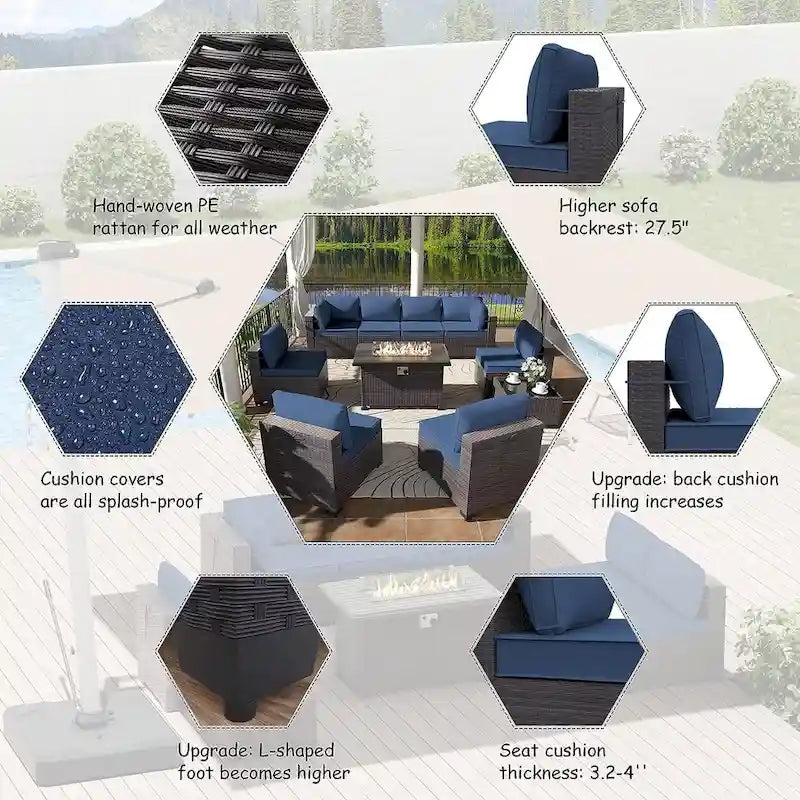 Ensemble de mobilier de jardin en osier Delnavik 9 pièces avec foyer, sièges d'extérieur avec coussins - 9 pièces