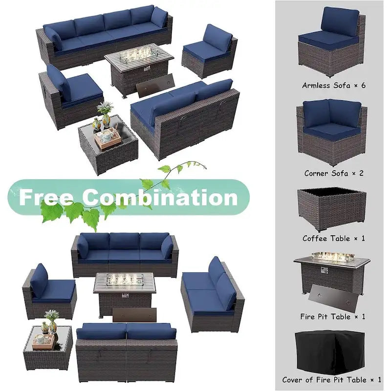 Ensemble de mobilier de jardin en osier Delnavik 9 pièces avec foyer, sièges d'extérieur avec coussins - 9 pièces