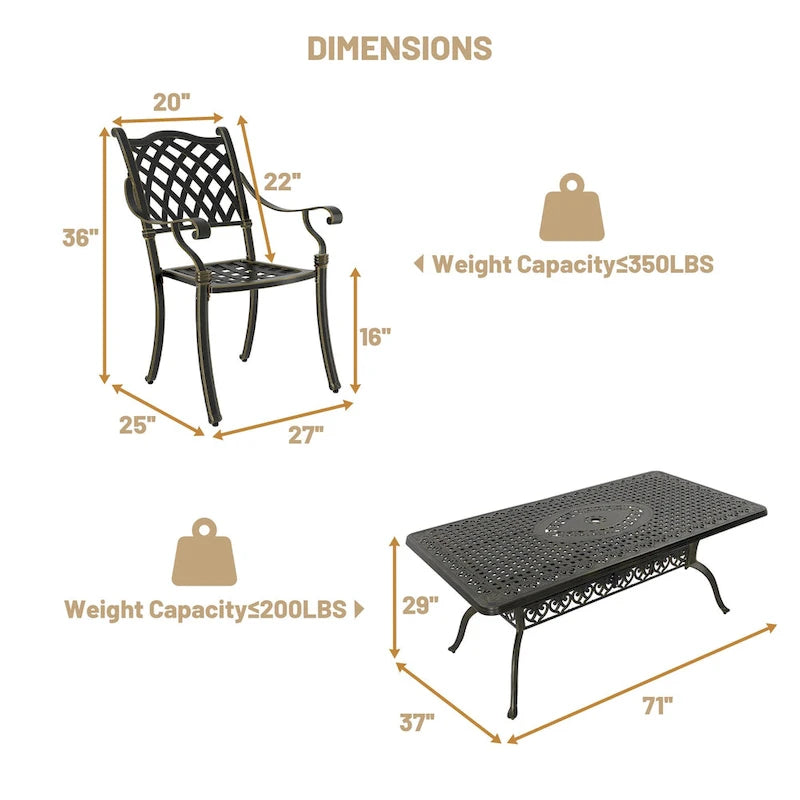 Ensemble de salle à manger de terrasse Clihome 7 pièces en aluminium moulé couleur bronze