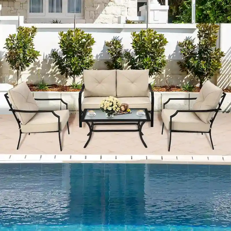 Ensemble de meubles de patio 4 pièces avec coussin pour canapé, causeuse, sectionnel, jardin, terrasse – 54 x 33 x 34