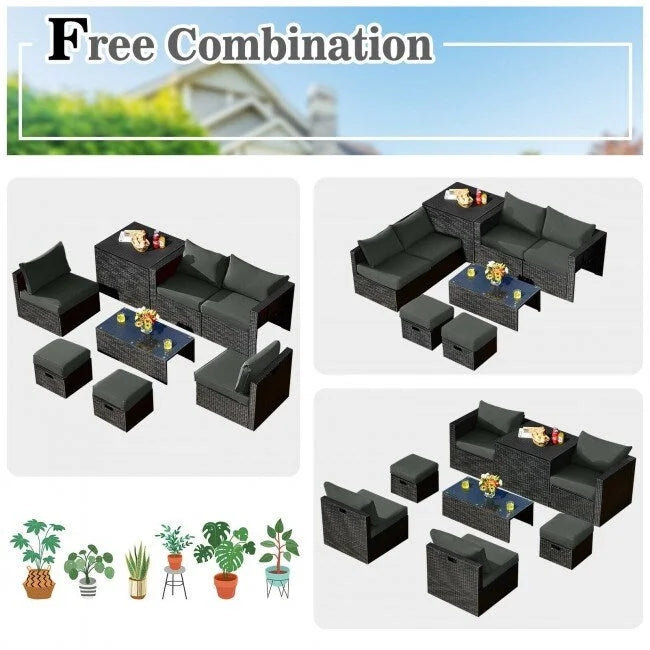 Ensemble de meubles de jardin 8 pièces en rotin avec table de rangement – 25 x 25 x 4 (L x l x P)