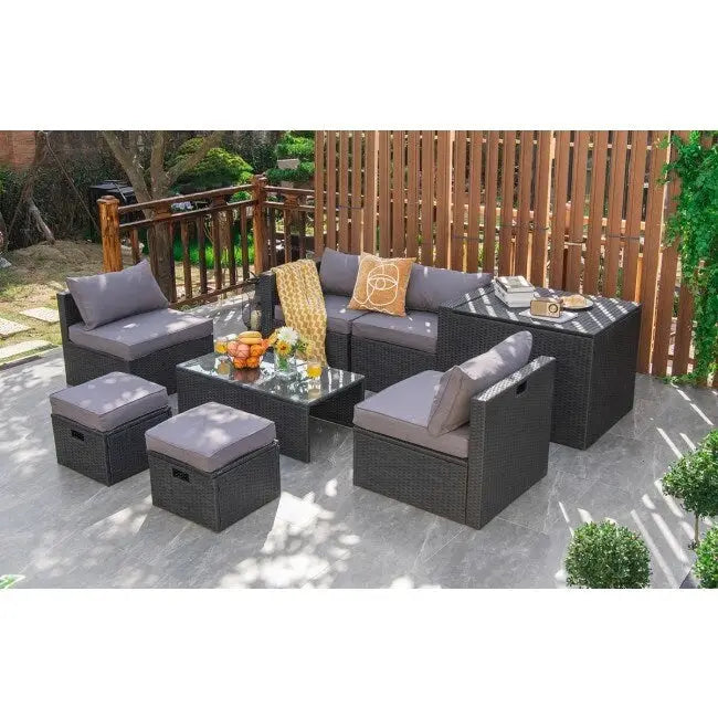 Ensemble de meubles de jardin 8 pièces en rotin avec table de rangement – 25 x 25 x 4 (L x l x P)