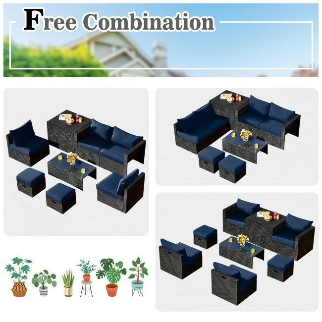 Ensemble de meubles de jardin 8 pièces en rotin avec table de rangement – 25 x 25 x 4 (L x l x P)