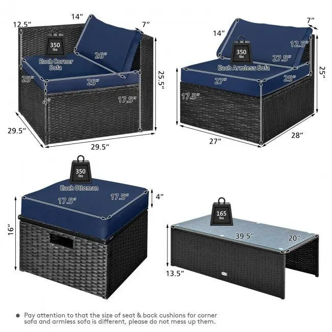 Ensemble de meubles de jardin 8 pièces en rotin avec table de rangement – 25 x 25 x 4 (L x l x P)
