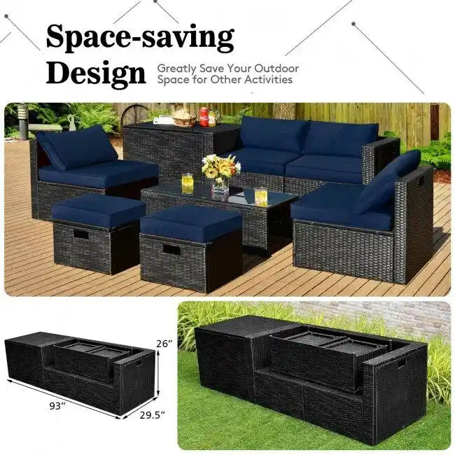 Ensemble de meubles de jardin 8 pièces en rotin avec table de rangement – 25 x 25 x 4 (L x l x P)