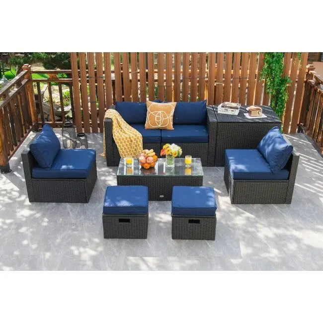 Ensemble de meubles de jardin 8 pièces en rotin avec table de rangement – 25 x 25 x 4 (L x l x P)