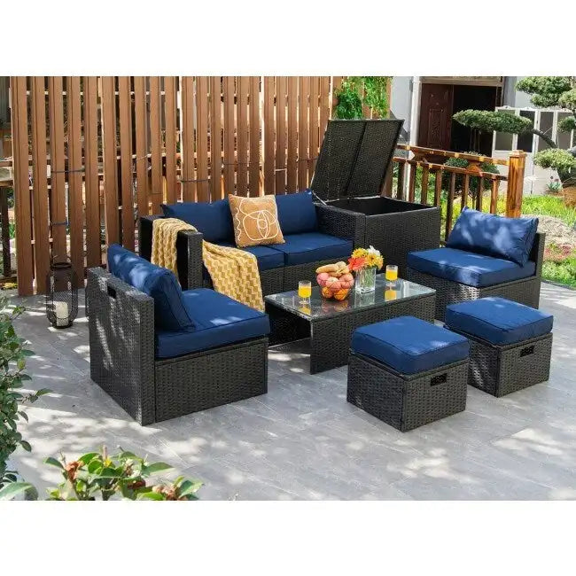 Ensemble de meubles de jardin 8 pièces en rotin avec table de rangement – 25 x 25 x 4 (L x l x P)