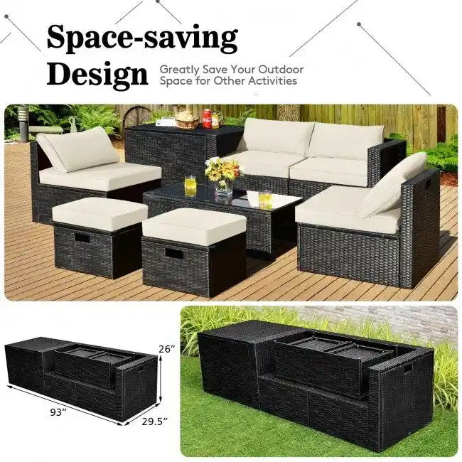 Ensemble de meubles de jardin 8 pièces en rotin avec table de rangement – 25 x 25 x 4 (L x l x P)