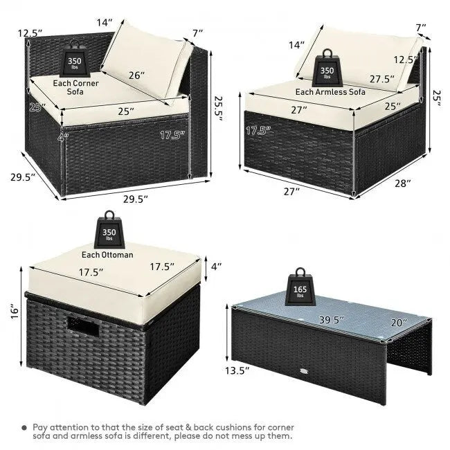 Ensemble de meubles de jardin 8 pièces en rotin avec table de rangement – 25 x 25 x 4 (L x l x P)