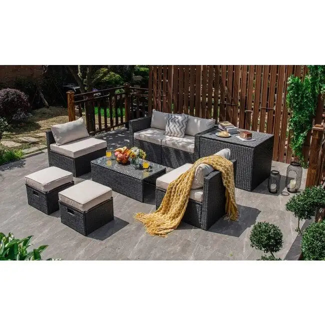 Ensemble de meubles de jardin 8 pièces en rotin avec table de rangement – 25 x 25 x 4 (L x l x P)