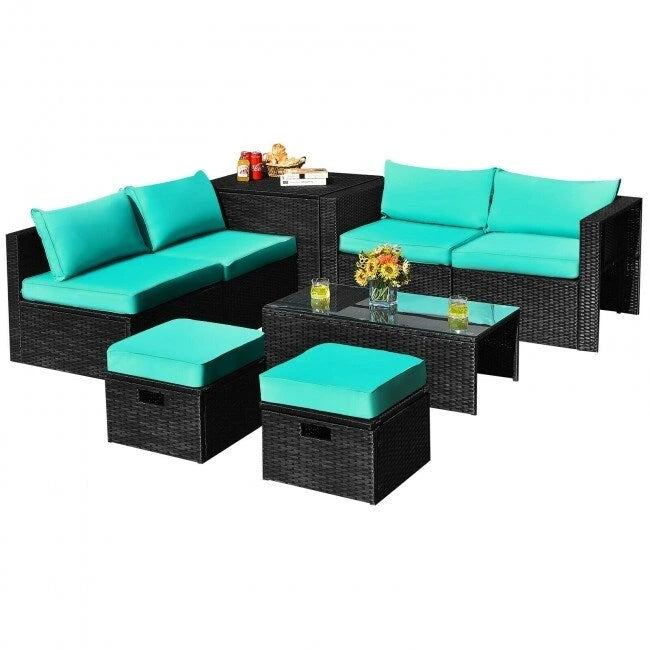 Ensemble de meubles de jardin 8 pièces en rotin avec table de rangement – 25 x 25 x 4 (L x l x P)