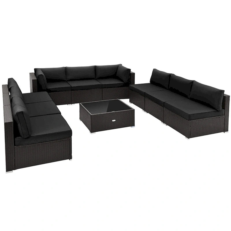 10 Piece Outdoor Wicker Conversation Set with Seat and Back Cushions - 29 x 25 x 25