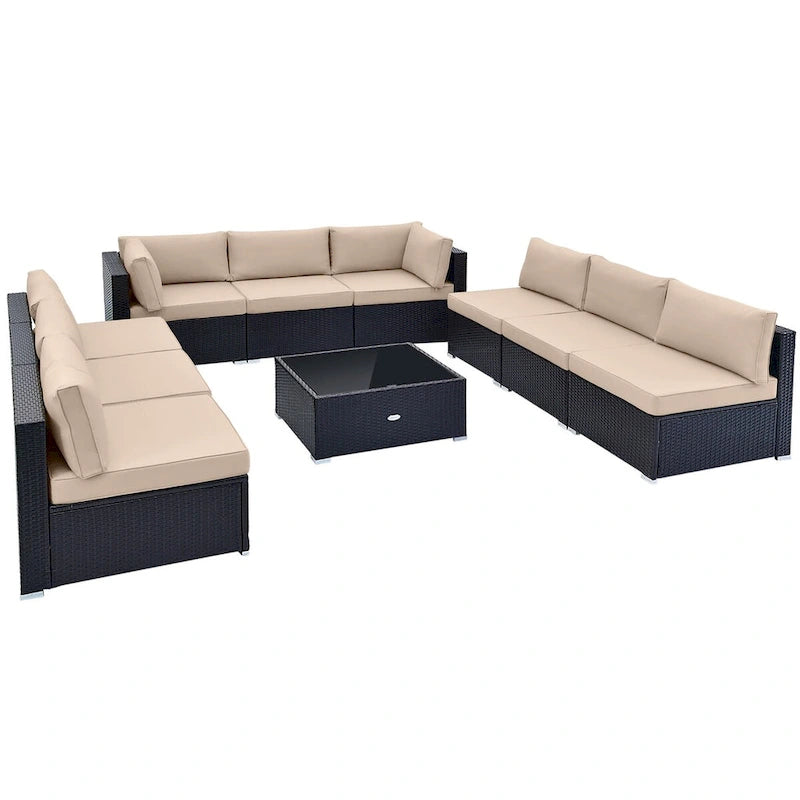 Ensemble de conversation d'extérieur 10 pièces en osier avec coussins d'assise et de dossier - 29 x 25 x 25
