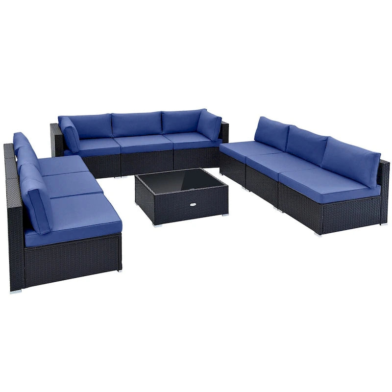 Ensemble de conversation d'extérieur 10 pièces en osier avec coussins d'assise et de dossier - 29 x 25 x 25